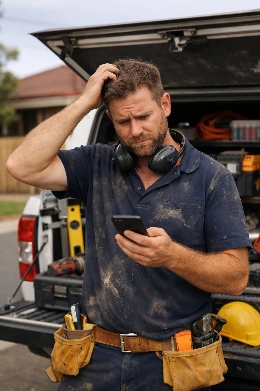 An Australian tradie on the back of his ute, checking his phone